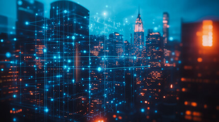 Smart digital city with connection cyber security network reciprocity over the cityscape . future smart wireless digital city and social media networking systems that connects people within the city