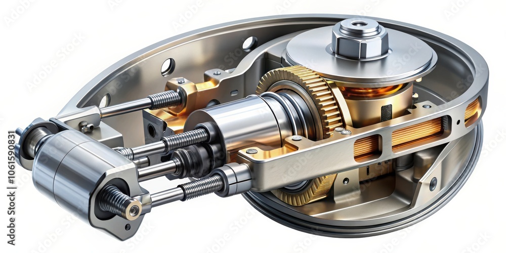 Poster a detailed cutaway view of a complex mechanical system with interlocking gears, pistons, and precise