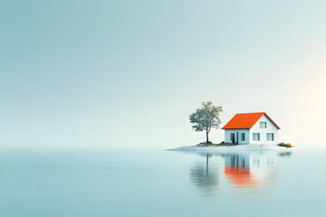 Minimalist illustration of a house on an island in the middle of the ocean, Generative AI