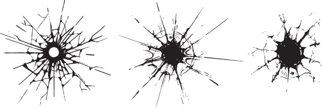 Set of bullet hole in glass, wall and ground. Ground, wall cracks, breaks on land surface. Texture set  Broken glass. Cracked window glass silhouette holes.