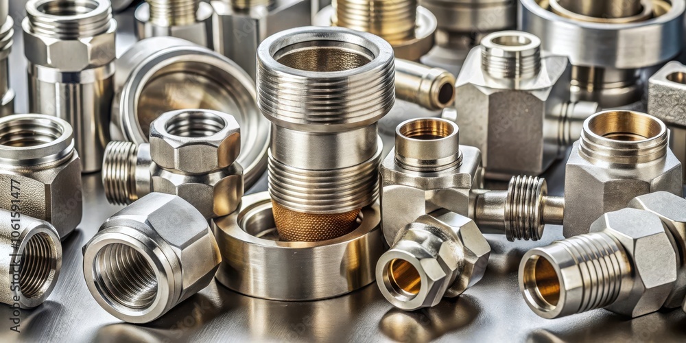 Aufkleber a close-up view of a collection of polished metal fittings with precisely machined threads and finis