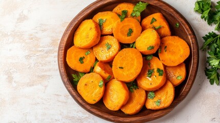 A wooden bowl filled with sliced, roasted carrots garnished with fresh parsley.
