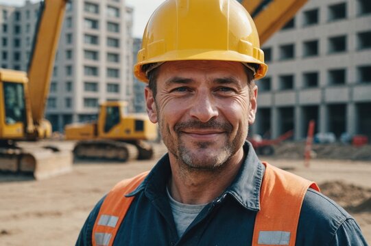 Close portrait of a smiling 40s Russian man construction worker looking at the camera, Russian outdoors construction site blurred background