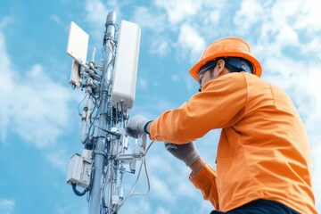 Engineer Installing 5G Equipment on Communication Tower