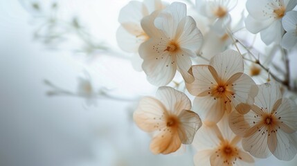 Delicate white flowers with subtle hues of light peach bloom elegantly against a blurred background, creating a dreamy and ethereal composition.
