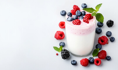 Glass of creamy yogurt with fresh raspberries, strawberries, blueberries, and mint leaves isolated on white background.