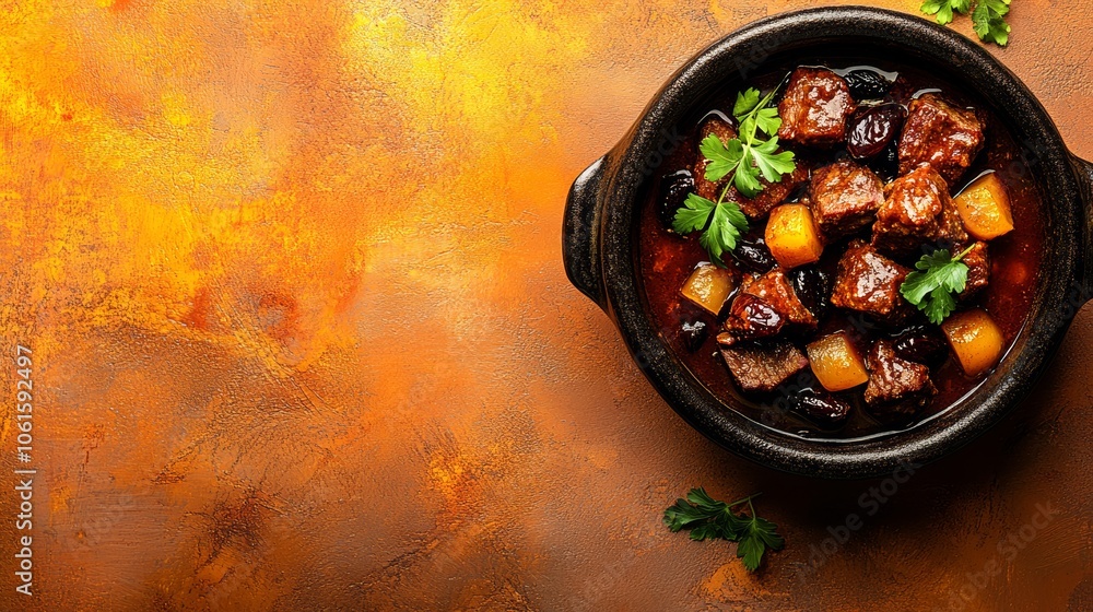 Poster close up of a hearty beef stew with dried plums and potatoes in a rustic bowl on a rustic background