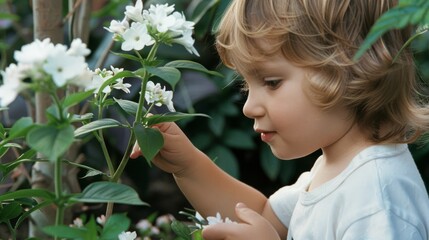 Naklejka premium A young child tenderly engages with delicate white flowers, embracing the purity and simple joys found in nature’s small wonders.