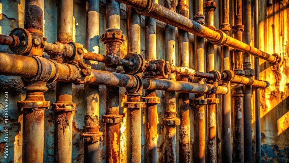 Poster A network of rusty pipes interwoven in a complex pattern against a weathered wall, bathed in the golden glow of the setting sun.