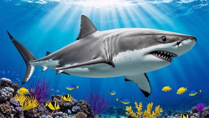 Fototapeta premium A Majestic Great White Shark Gliding Through Clear Waters, Perfect for Marine Conservation and Underwater Exploration Themes