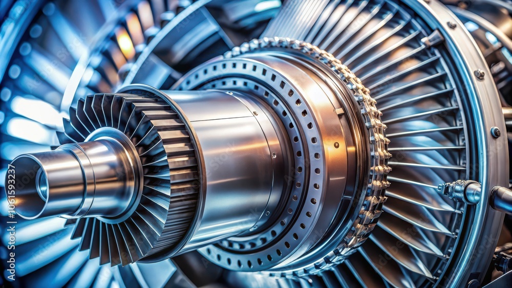 Aufkleber close-up of the intricate metallic parts of an industrial turbine engine, showcasing precision engin