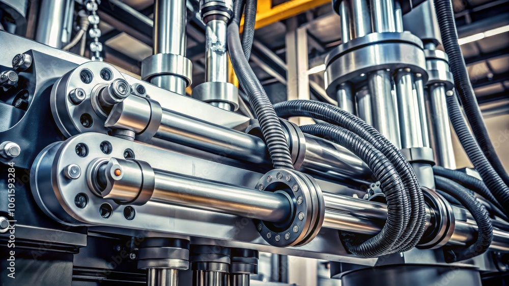 Aufkleber close-up view of a complex industrial machine with interconnected metal pipes, hoses, and cylinders,