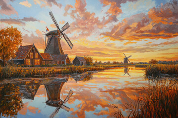 oil painting on paper of Netherlands at sunrise