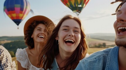 Friends laugh joyfully against a backdrop of balloons in a sunlit sky, capturing pure happiness and the spirit of youthful adventure.