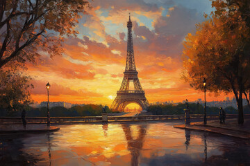 Fototapeta premium water color painting on paper of France at sunrise