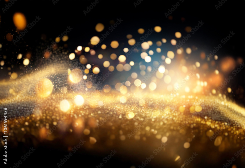 Poster abstract golden glitter and bokeh on a dark background.
