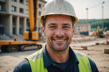 Fototapeta premium Close portrait of a smiling 40s Slovak man construction worker looking at the camera, Slovak outdoors construction site blurred background