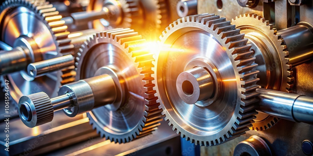 Poster A close-up of a series of intricate gears and axles within a complex machine, illuminated by a warm glow, showcasing the precise mechanics and intricate details of industrial engineering