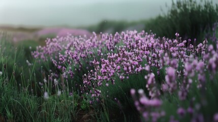 A wide, lush field of lavender blooms stretches toward the horizon under a soft, misty sky.