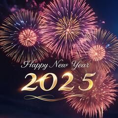 Happy New Year 2025 festive celebration with golden lettering and fireworks