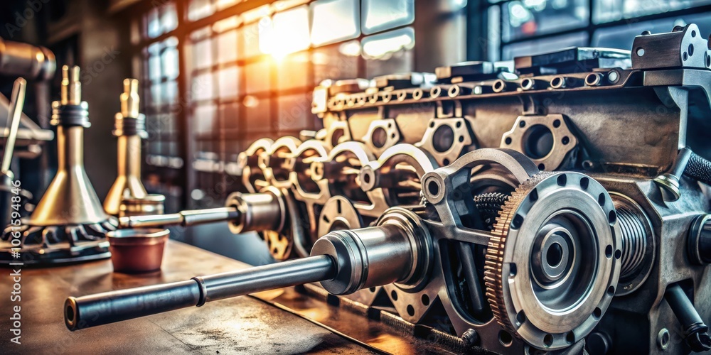 Leinwandbilder a close-up view of a complex metal mechanism with gears and shafts, demonstrating precision engineer