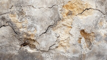 Fototapeta premium Cracked concrete wall with a weathered texture showcasing peeling and discolored surfaces.