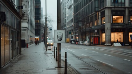 A deserted city street with towering modern buildings, featuring a small, evocative street art mural on a pole.