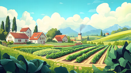 A vibrant visual of a sustainable farm using organic methods to combat climate change.