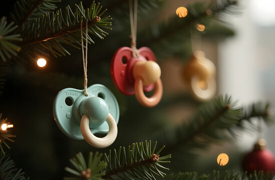 2 baby pacifiers turquoise and pink hanging on the branches of a Christmas tree like New Year's toys. Christmas atmosphere
