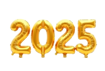 New year 2025  made of golden inflatable balloon isolated on transparent background Helium balloons font