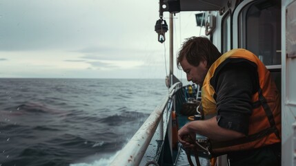 Fototapeta premium A focused man in a yellow vest works on a boat, peering over the choppy, wide expanse of a gray sea under an overcast sky.
