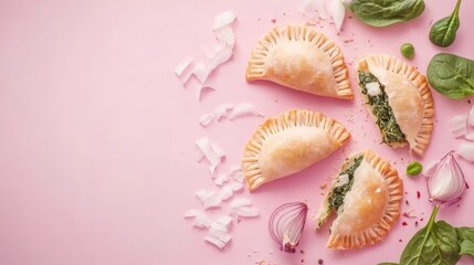 Four golden brown empanadas with spinach and ricotta filling on a pink background with ingredients scattered around.