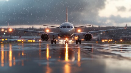 Airplane Taxiing on Wet Runway During Rainy Weather