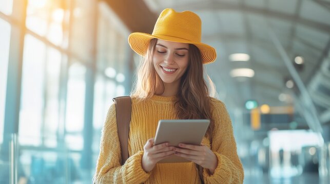 Solo Traveler Using Tablet in Quiet Airport Corner