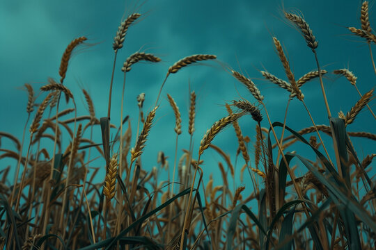 Des &eacute;pis de bl&eacute; vert jeune en gros plan, avec un ciel bleu clair en arri&egrave;re-plan.


