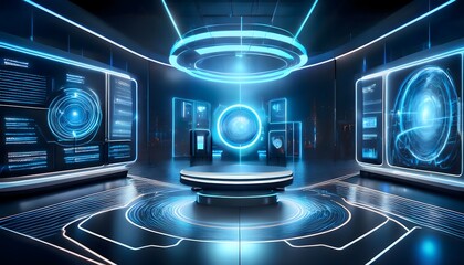 A cutting-edge technology exhibition in a futuristic setting