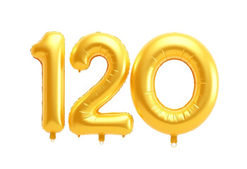 Number 120 made of golden inflatable balloon isolated on transparent background Helium balloons font