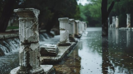 Weathered stone columns rise from a tranquil pool of water, where raindrops ripple under a soft, cloudy sky, evoking ancient echoes.