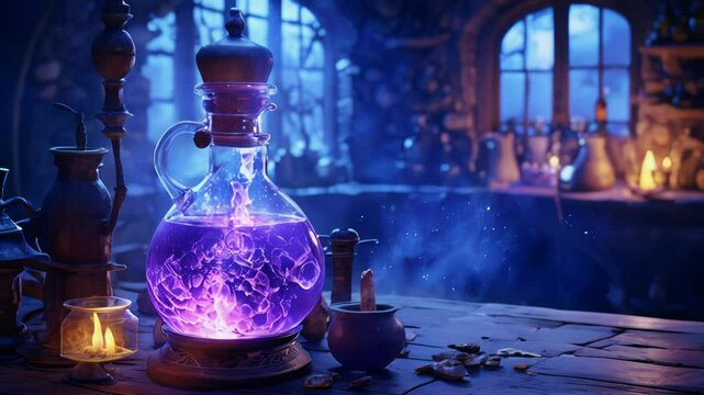A mystical potion in a glass flask, glowing with purple liquid and bubbles.
