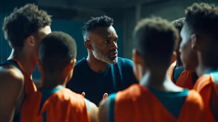 Strategic basketball coach team, focused talking teamwork together, unified group strategy player, intense match sport, game athlete training