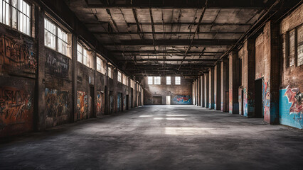 Obraz premium Abandoned Industrial Warehouse: A haunting glimpse into an industrial relic, this abandoned warehouse evokes a sense of forgotten grandeur. Sunbeams pierce through the dust-laden air.