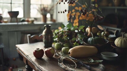 A quaint table near a window displays an array of autumn fruits and flowers, epitomizing the serene beauty of seasonal change.