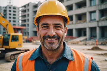 Fototapeta premium Close portrait of a smiling 40s Turkish man construction worker looking at the camera, Turkish outdoors construction site blurred background