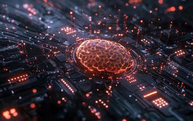 Glowing futuristic AI technology interface with digital brain connections