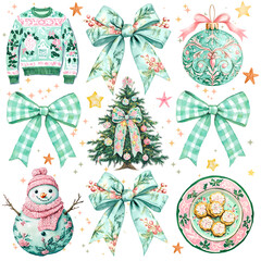 Mint Chinoiserie Christmas Elements Collection, A unique mint and pink Christmas set featuring bows, a decorated tree, sweater, snowman, and cookies. Perfect for festive designs.

