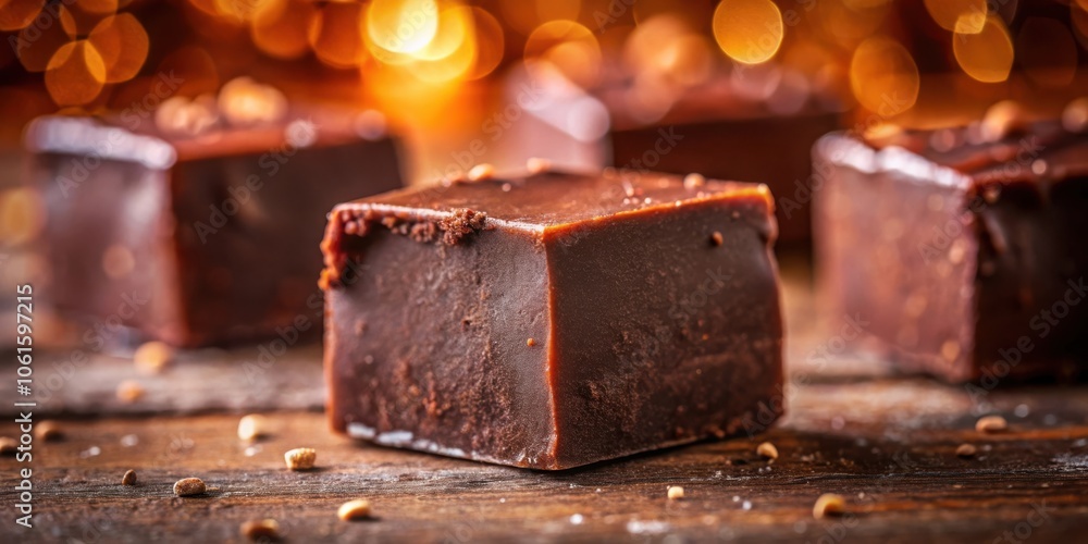 Poster a close-up view of a smooth, dark chocolate square on a rustic wooden surface, illuminated by warm, 