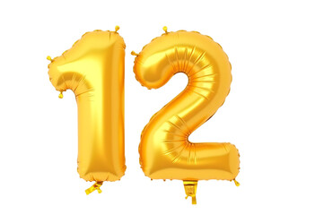 Number 12 made of golden inflatable balloon isolated on transparent background Helium balloons font