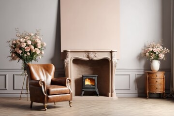 A cozy living room with a fireplace, wooden furniture, brick wall and classic decor