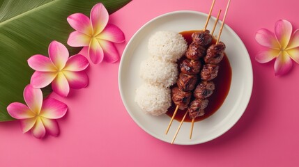 Grilled meat skewers with sticky rice on a white plate, garnished with pink flowers and green leaves on a pink background.