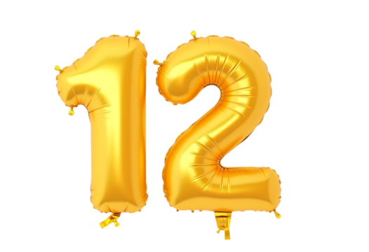 Number 12 made of golden inflatable balloon isolated on transparent background Helium balloons font